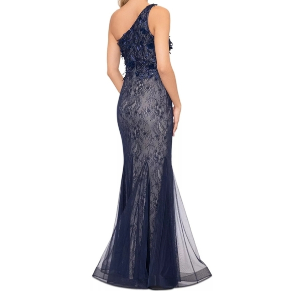Xscape Women's Lace Mesh One-Shoulder Gown Blue Prom Mother of the Bride 8 - Picture 3 of 16